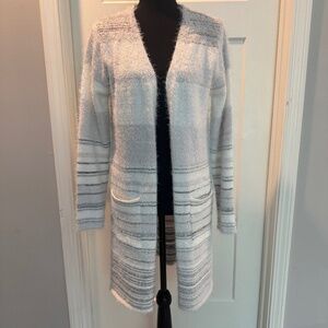 Fortune & Ivy Long Cardigan, M, NWOT, White with Gray stripes